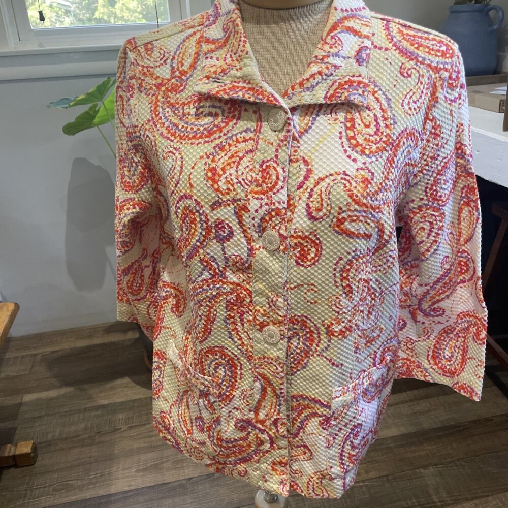 Linear Vtg Beige Yellow Orange Paisley Button Jacket Cotton Waffle W Pockets Med